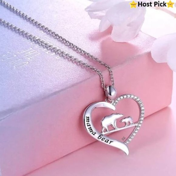 None Jewelry - Mother's Day Gift - Mama Bear Rhinestone Silver tone Heart Charm Necklace - NWT